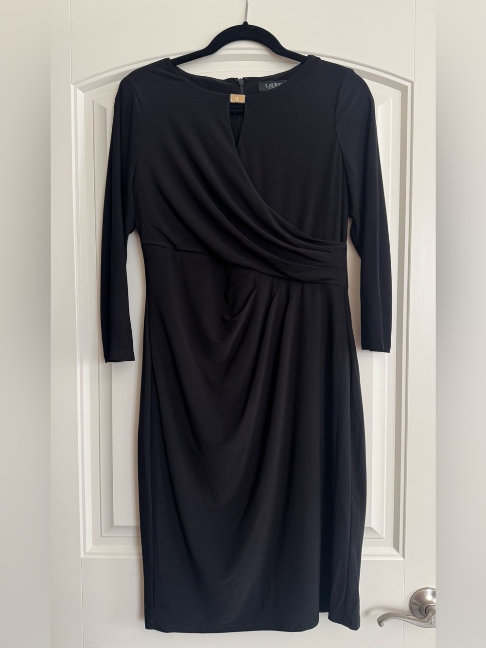 NWT Lauren Ralph Lauren Black Long-Sleeve Faux-Wrap Sheath Dress